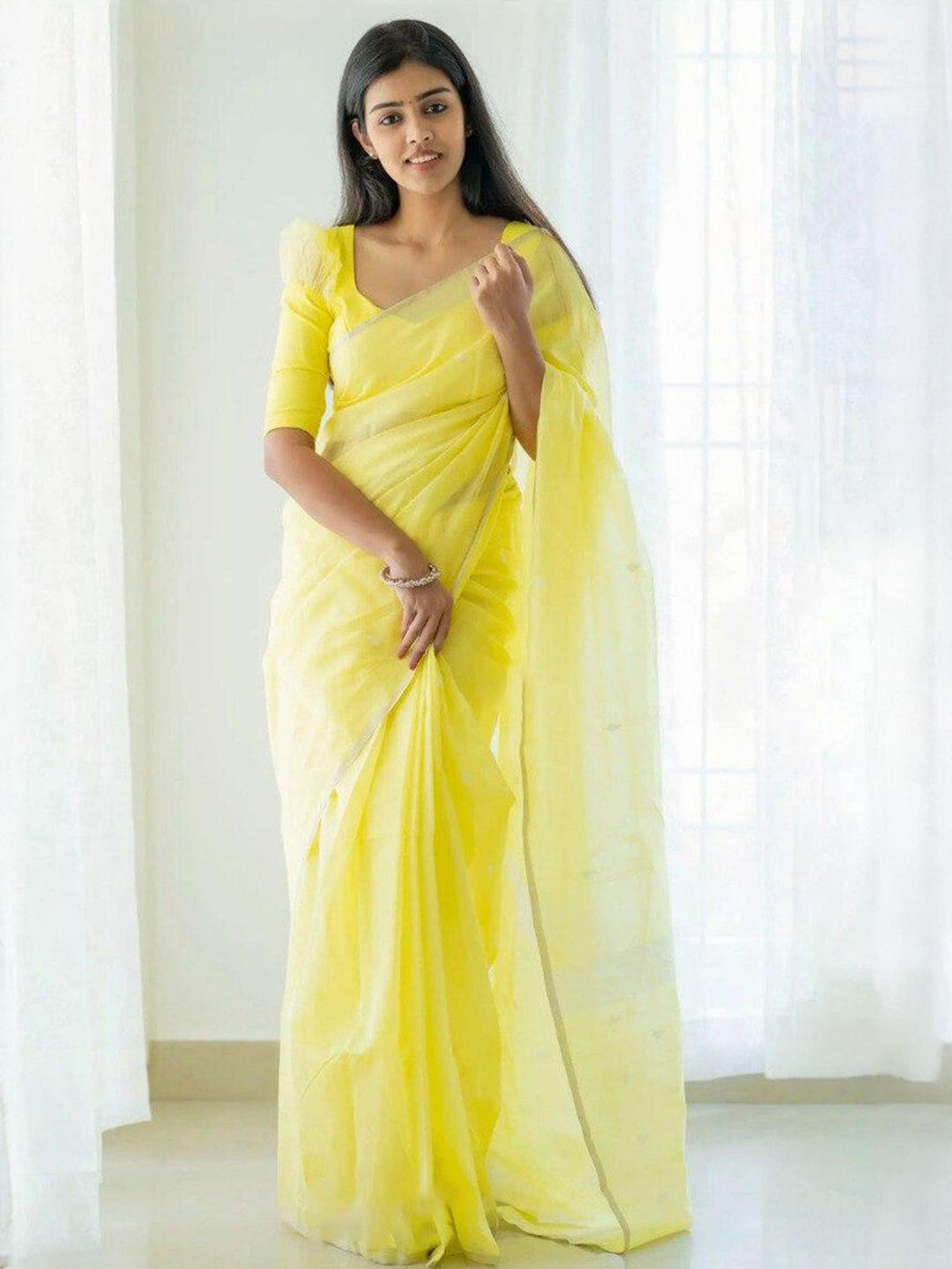 CaniBani Yellow Cotton Blend Banarasi Sarees