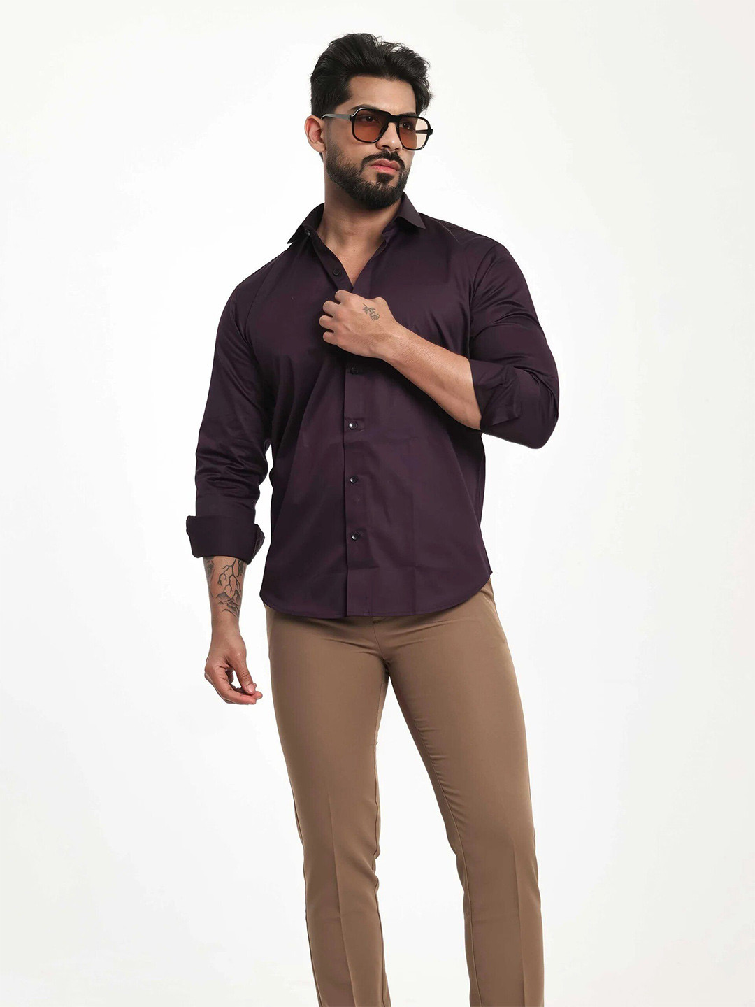 Foomer Spread Collar Standard Satin Long Sleeves Regular Fit Casual Shirt