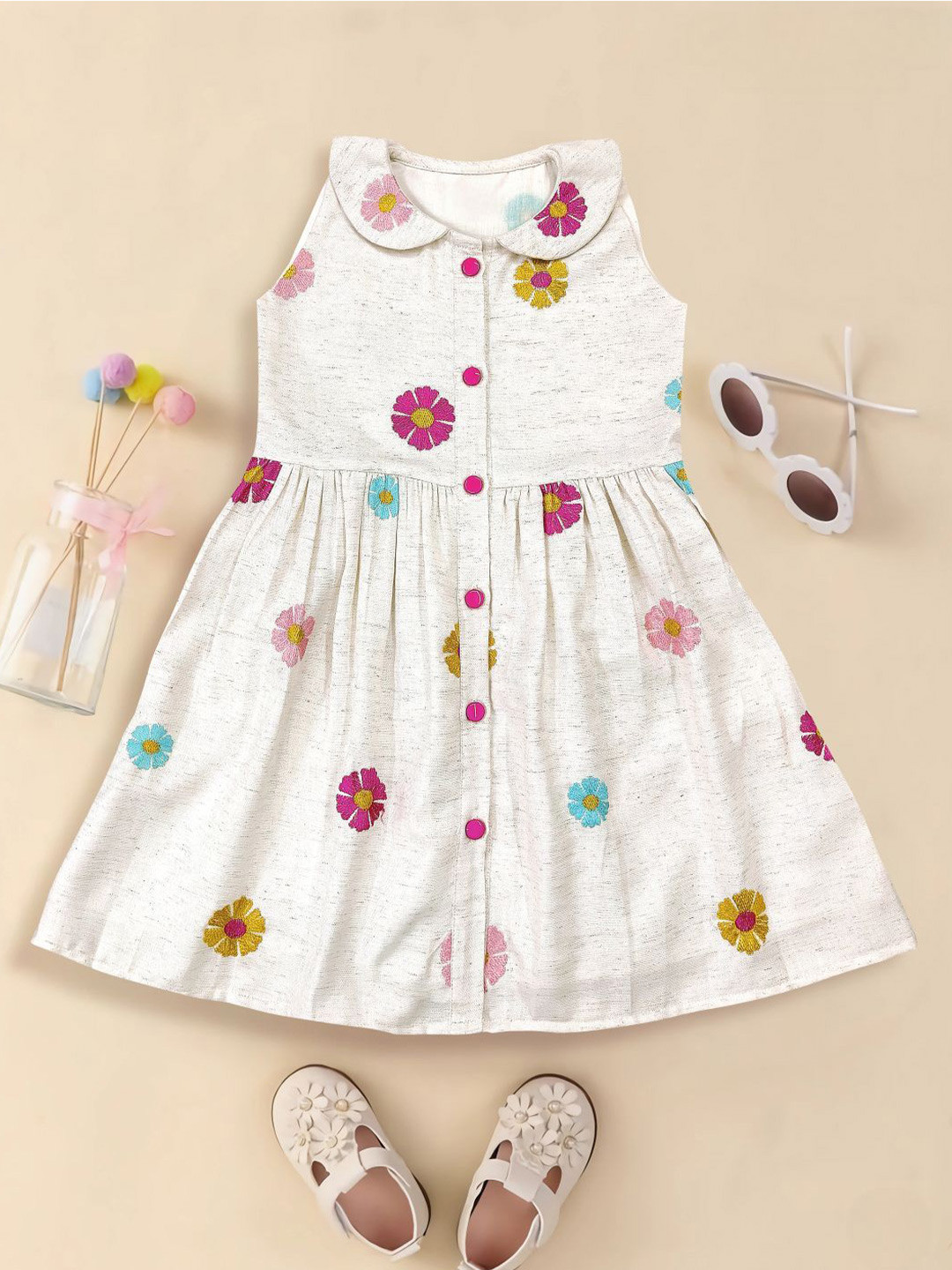 BAESD Girls Floral Embroidered Peter Pan Collar Pleated Detail Fit & Flare Dress