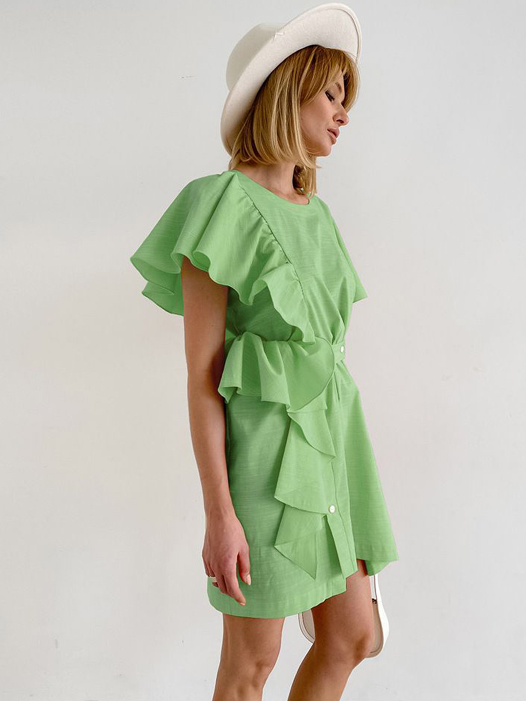 StyleCast Women Flared Sleeves Ruffle Belted Detail Fit and Flare Mini Dress