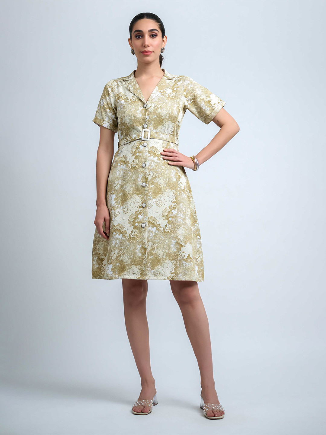 R.Code by The Roadster Life Co. Women Abstract Printed Crepe Shirt Dress with Belt