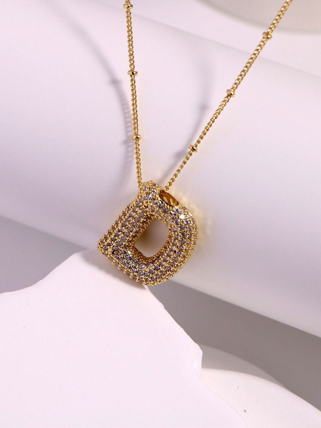 VIEN Stainless Steel 18K Gold-Plated Zircon-Studded D Letter Pendant With Chain