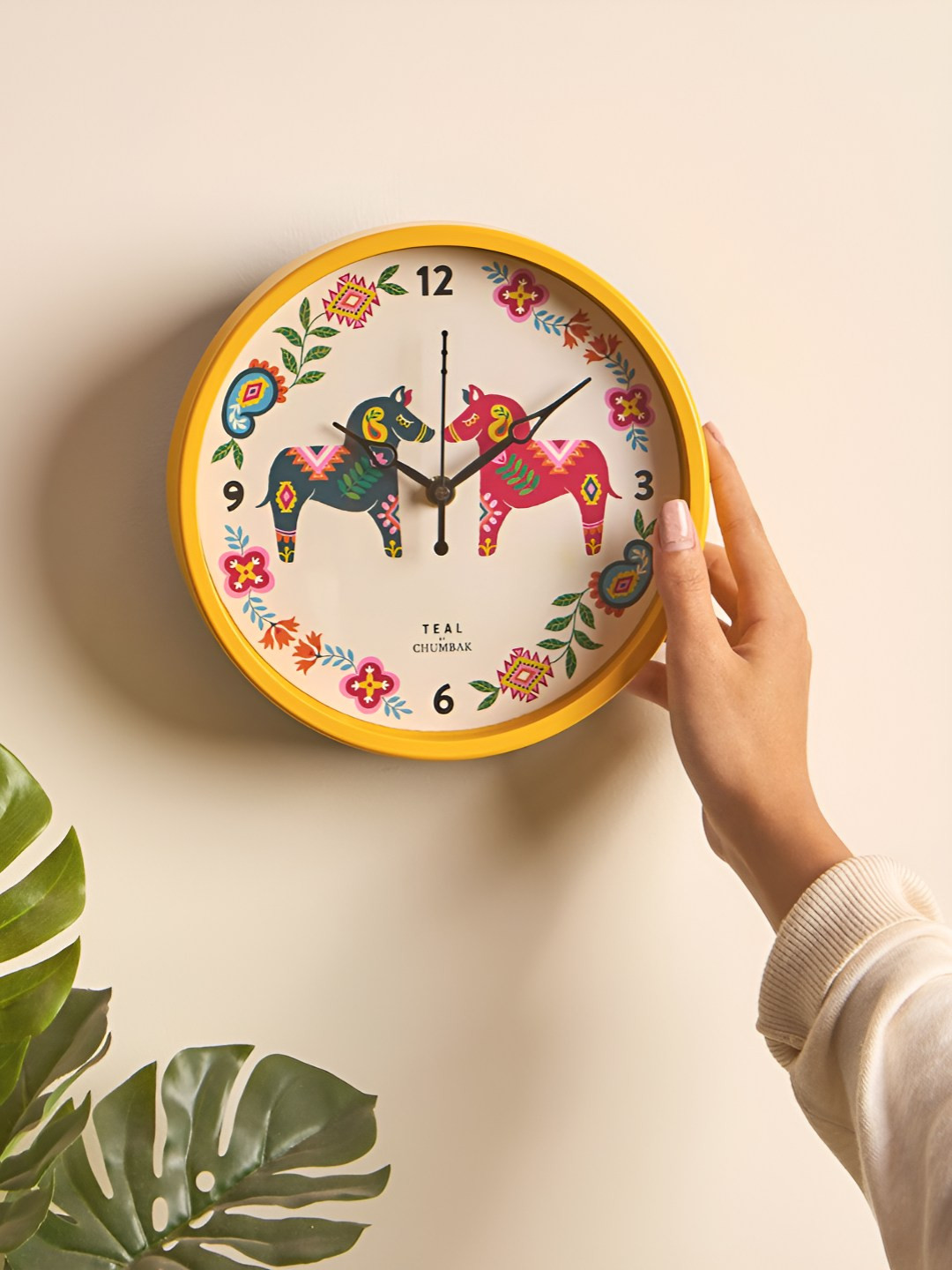 TEAL BY CHUMBAK Teal & White Carnival Horses Printed Table Wall Clock