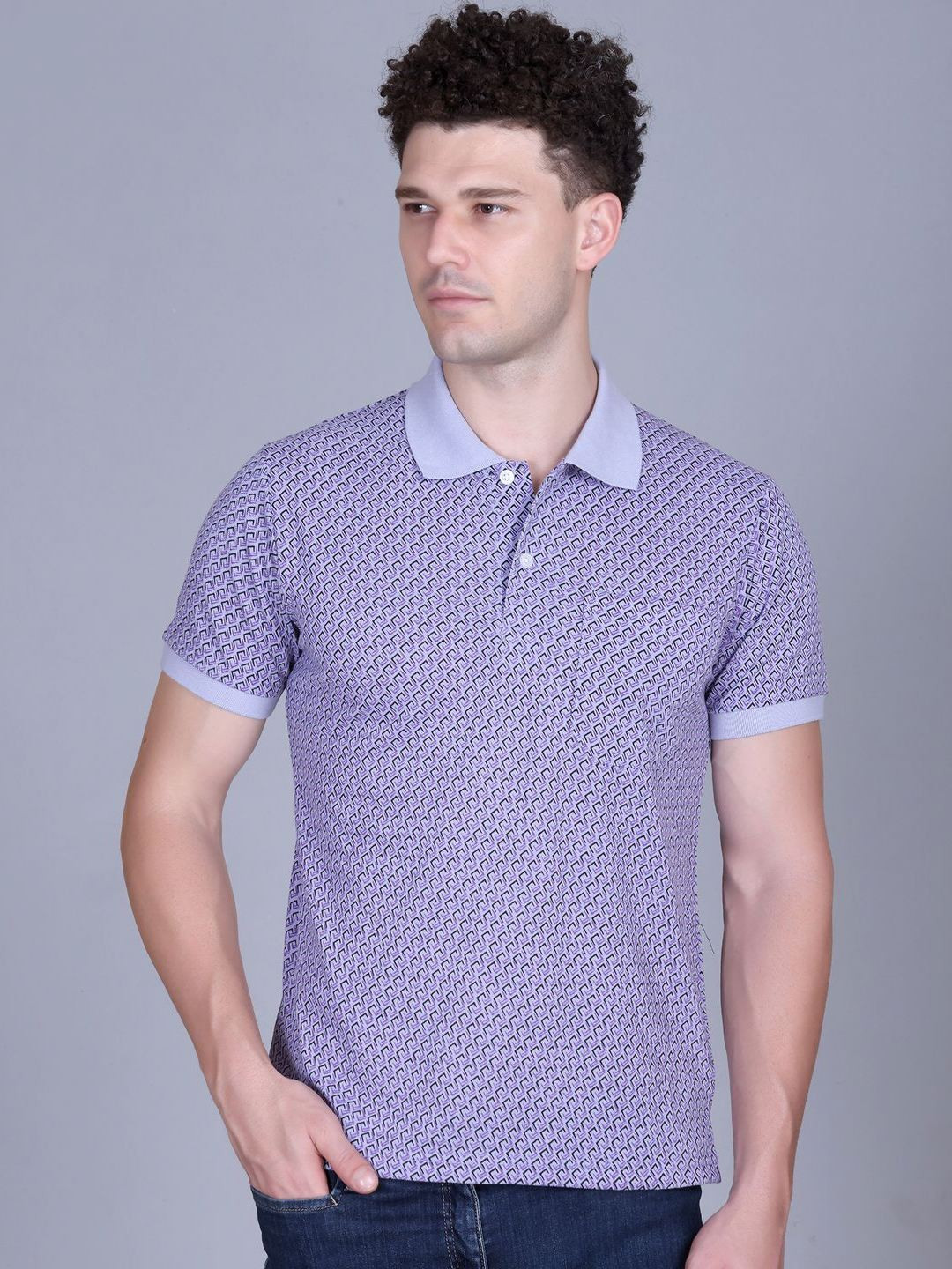 Purple & Black Self Design Polo Collar T-shirt