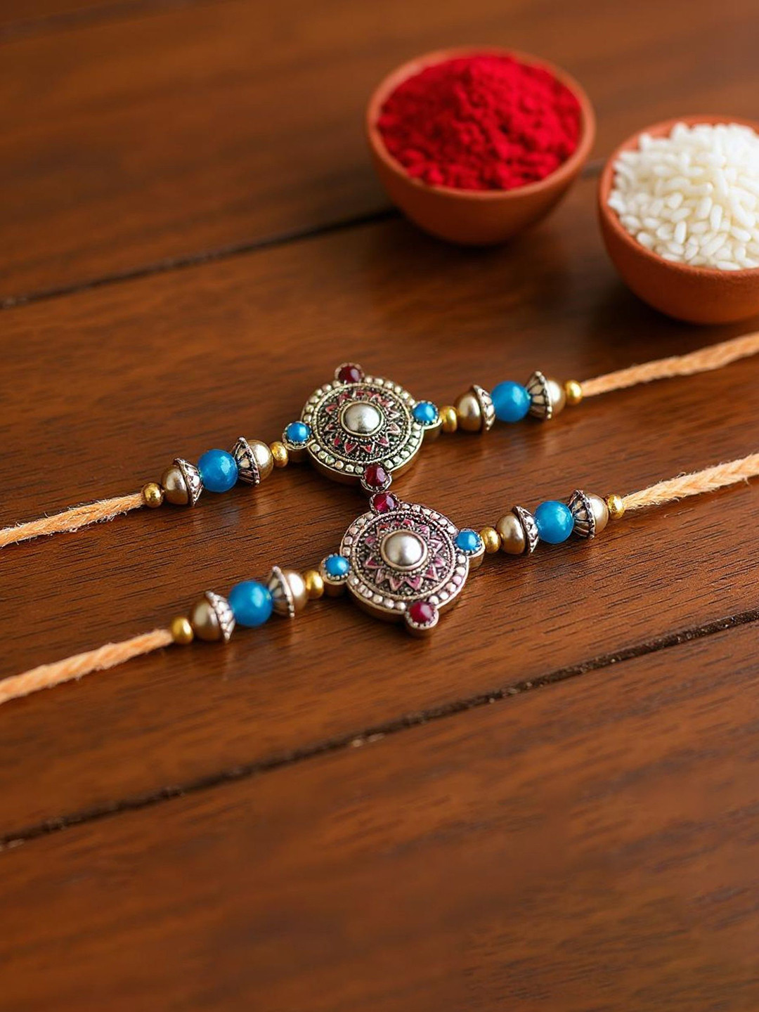 LUCKY JEWELLERY 4-Pcs Rakhi Gift Set With Roli Chawal & Greeting Card