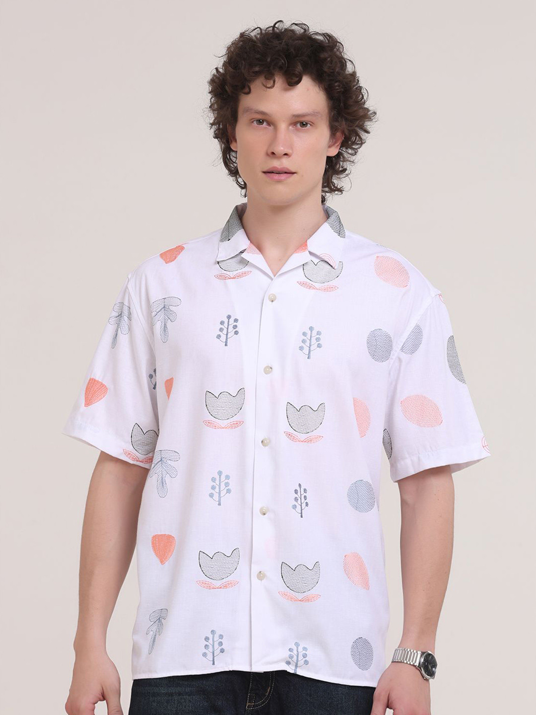 Espanshe Oversized Chedi Conversational Embroidered Cuban Collar Pure Cotton Casual Shirt