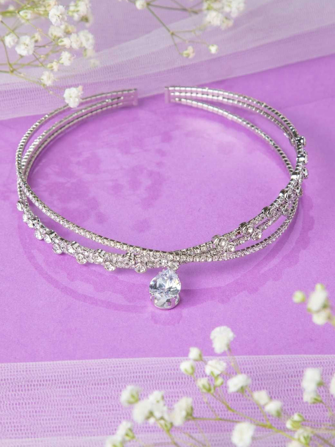 Niscka Rhodium-Plated Rhinestone Studded Statement Necklace