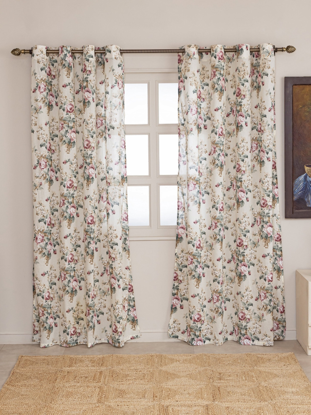 Clasiko Pearl Blossom Off White & Red 2 Pieces Printed Cotton Sheer Door Curtains