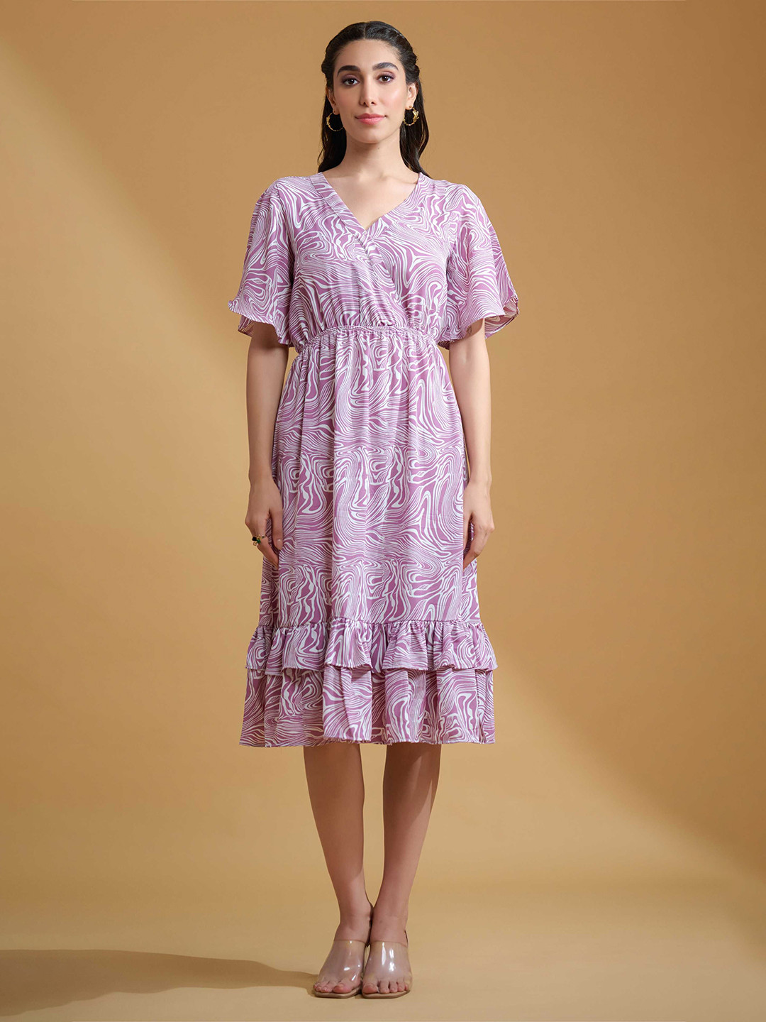 R.Code by The Roadster Life Co.  Women Print Flutter Sleeve Layered Fit & Flare Midi Dress