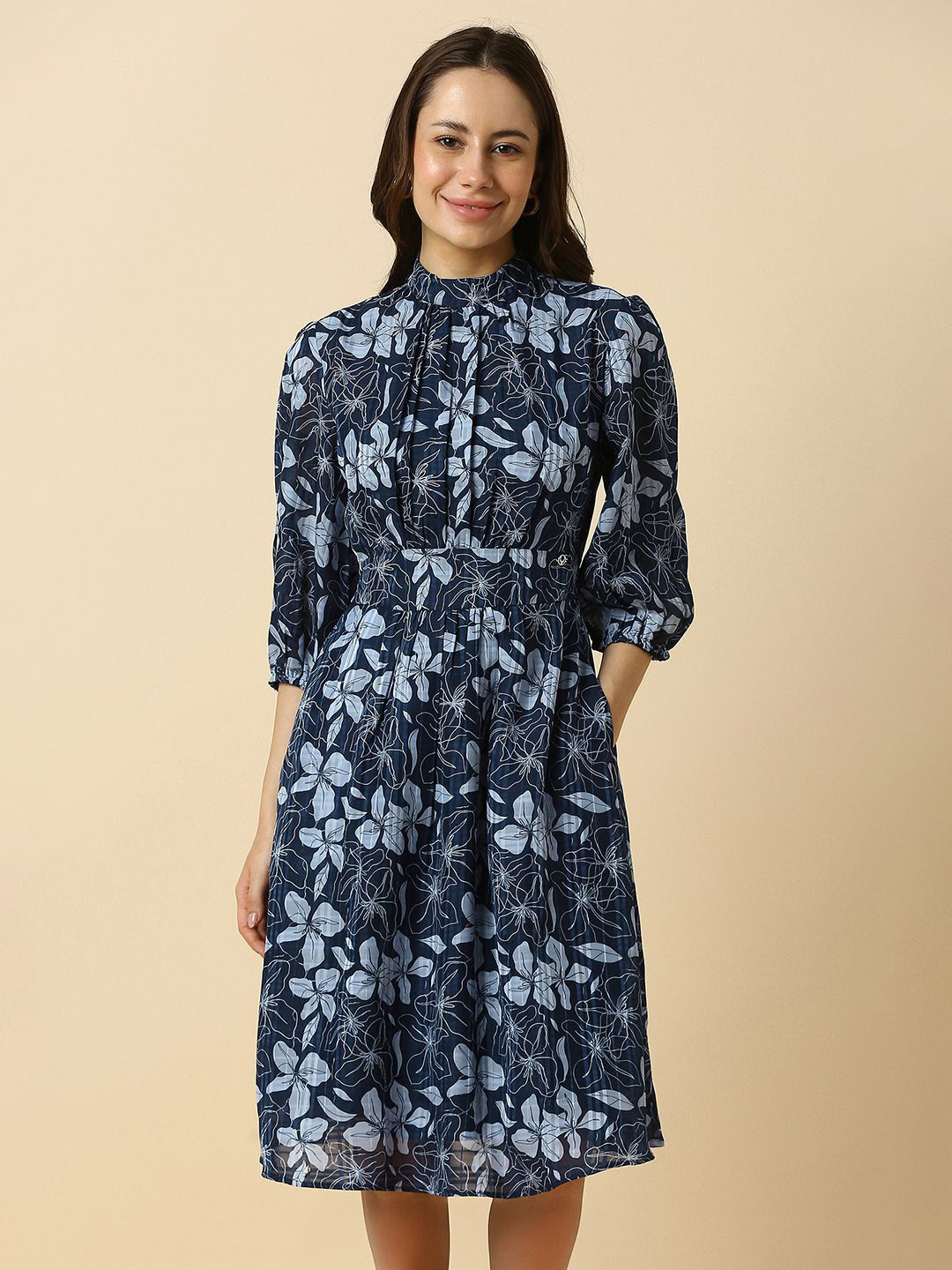 Allen Solly Woman Floral Printed High Neck Puff Sleeves Fit & Flare Dress