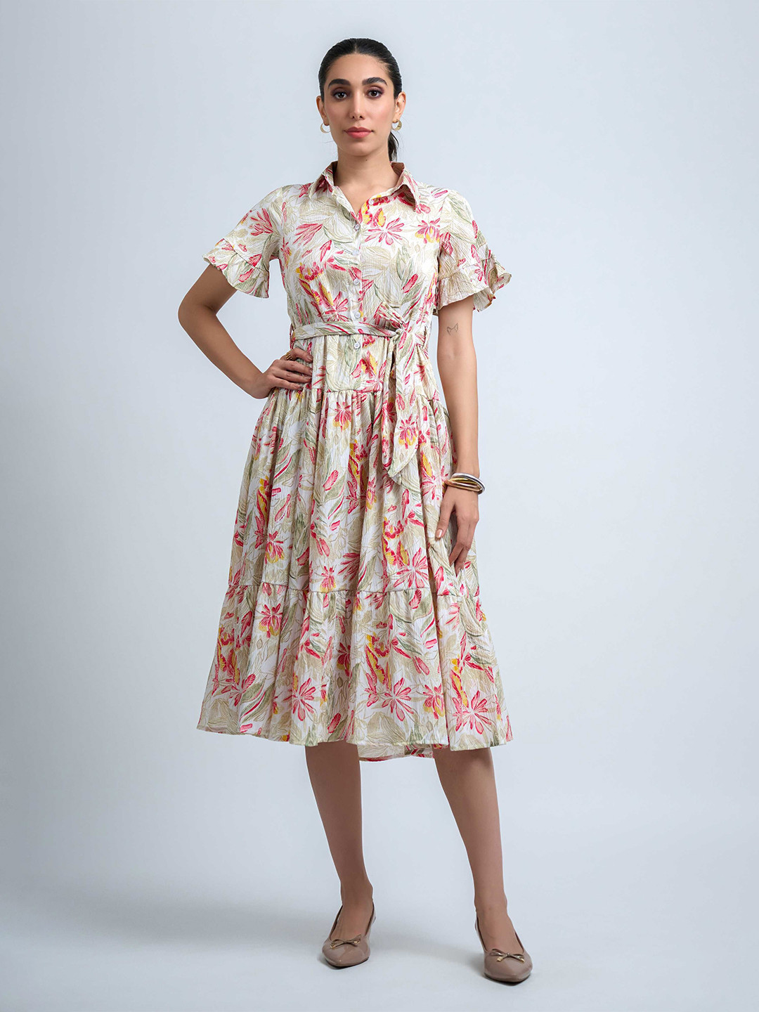 R.Code by The Roadster Life Co. Women Floral Printed Shirt Collar Shirt Dress with Belt