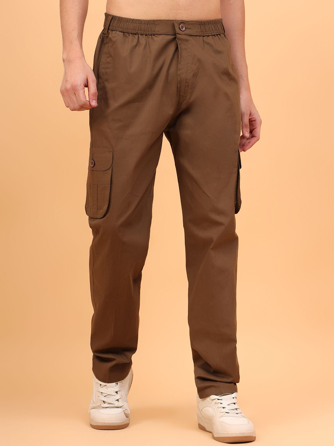 TrybeX Men Solid Smart Regular Fit Mid-Rise Flat-Front Cotton Cargos Trousers