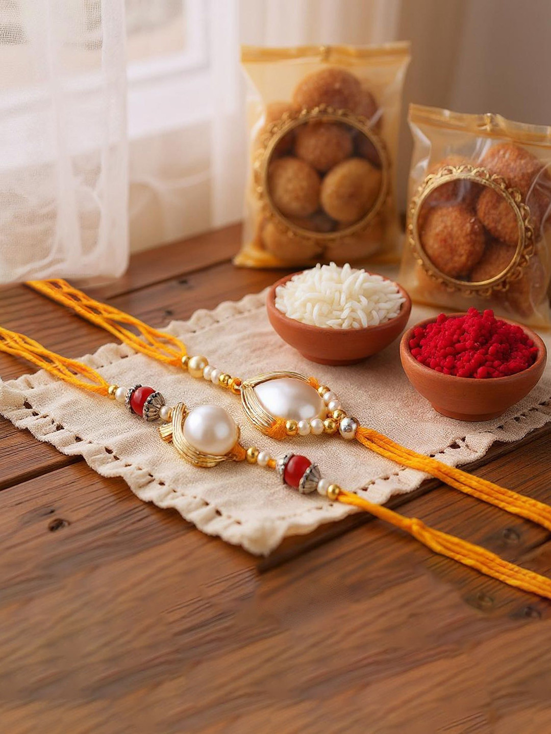 LUCKY JEWELLERY 4 Piece Rakhi Gift Set With Roli Chawal & Greeting Card