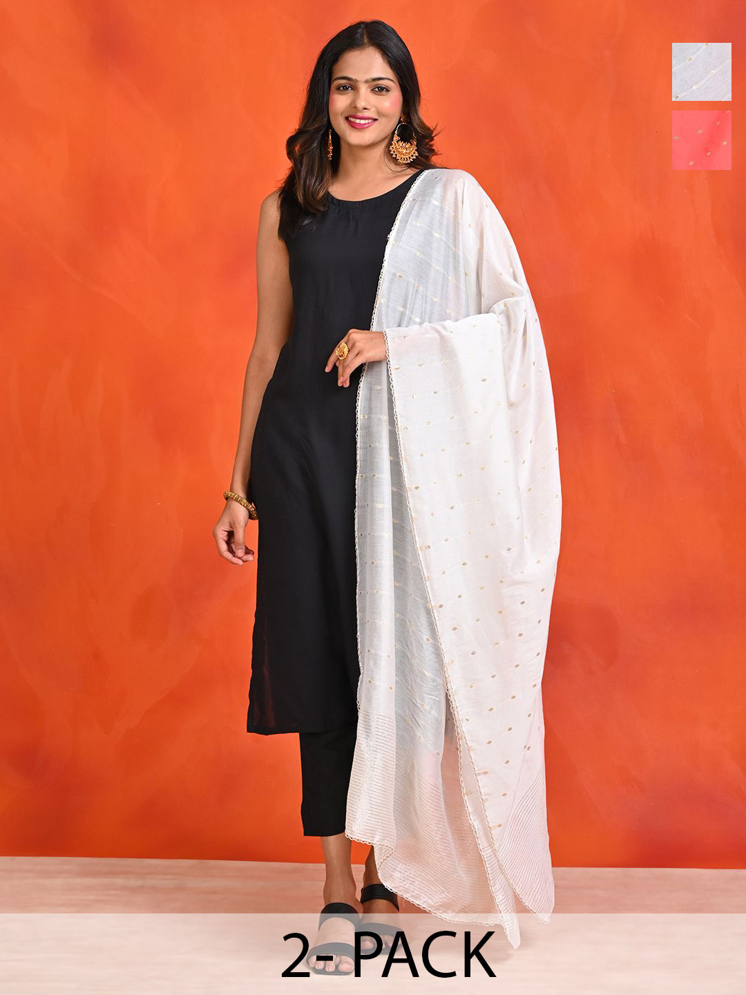 HELLA FASHIONS Selection Of 2 Geometric Woven Design Chanderi Dupattas