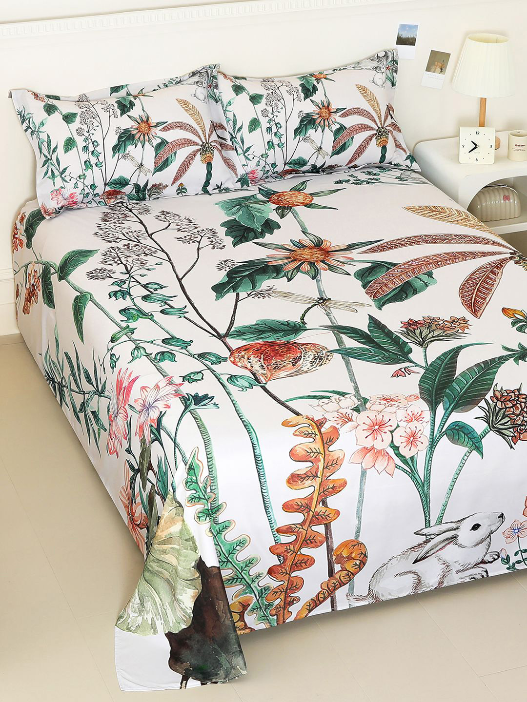 Story@home White & Green Floral Printed 300TC Microfiber King Bedsheet Set 2.50 m x 2.70 m