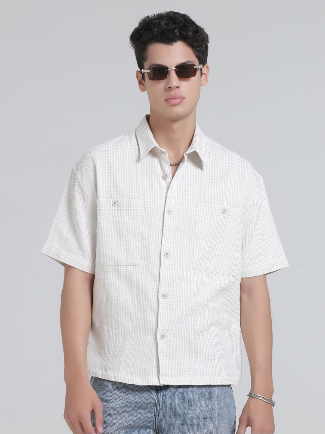 Espanshe Men Boxy Fit Micro Checked Spread Collar Pure Cotton Casual Shirt