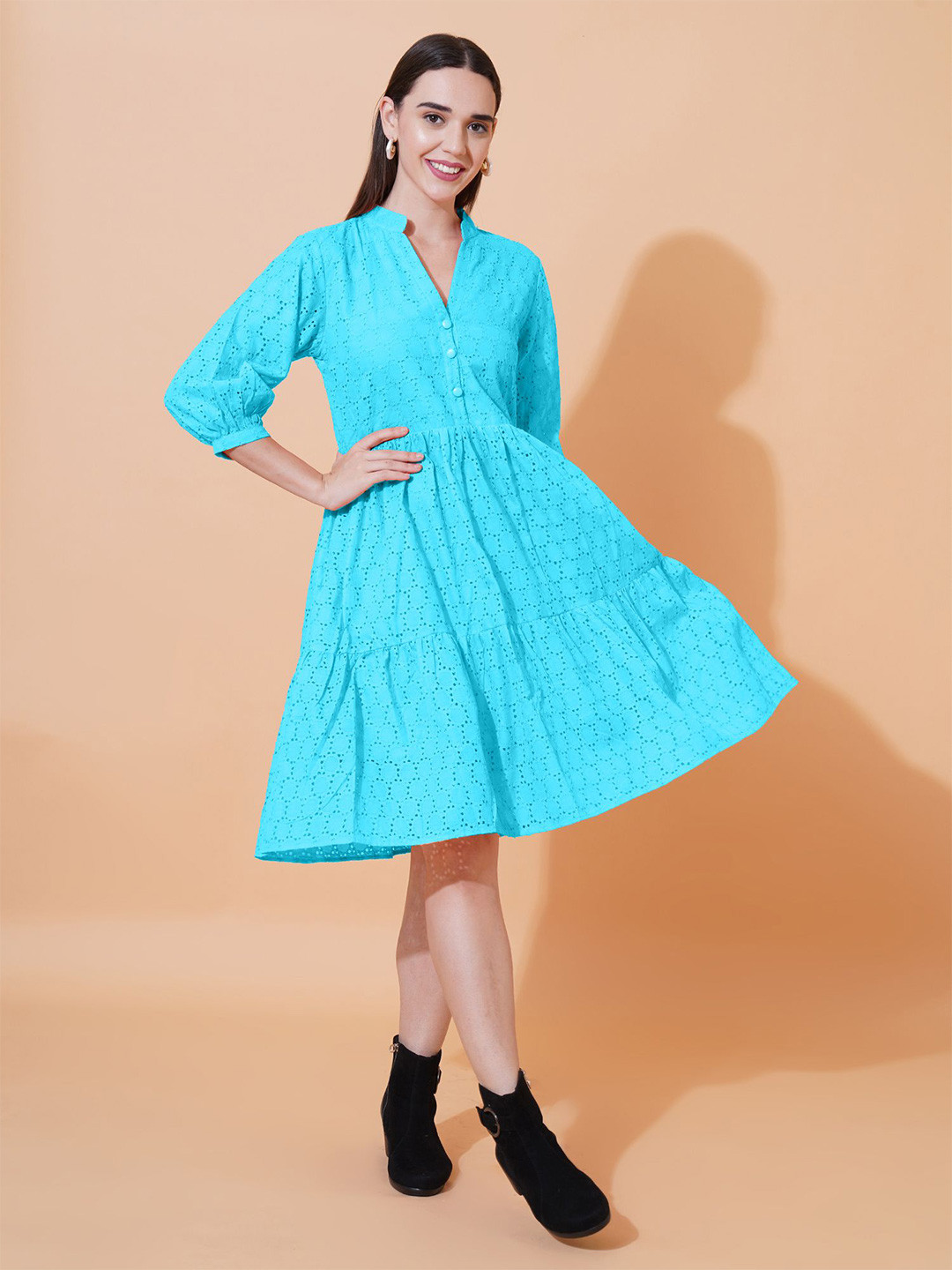 ARV TRENDS Women Self Design Schiffli Puff Sleeves Cotton Fit & Flare Dress