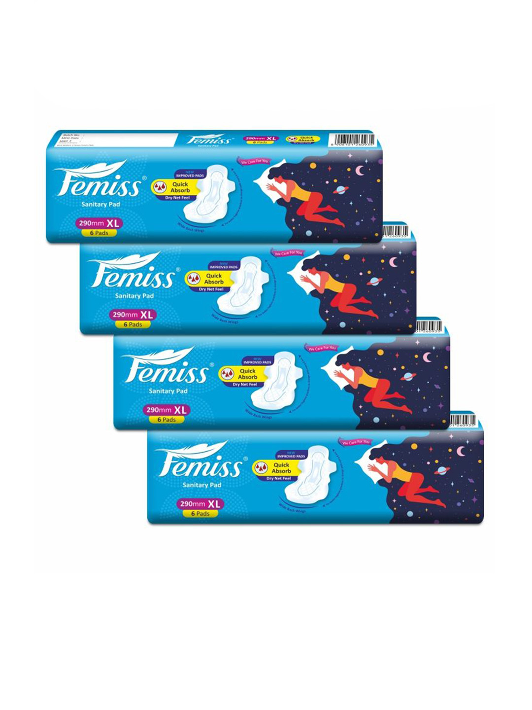 Femiss Set Of 4 Soft Top Layer Sanitary Napkins - XL - 6 Pads Each