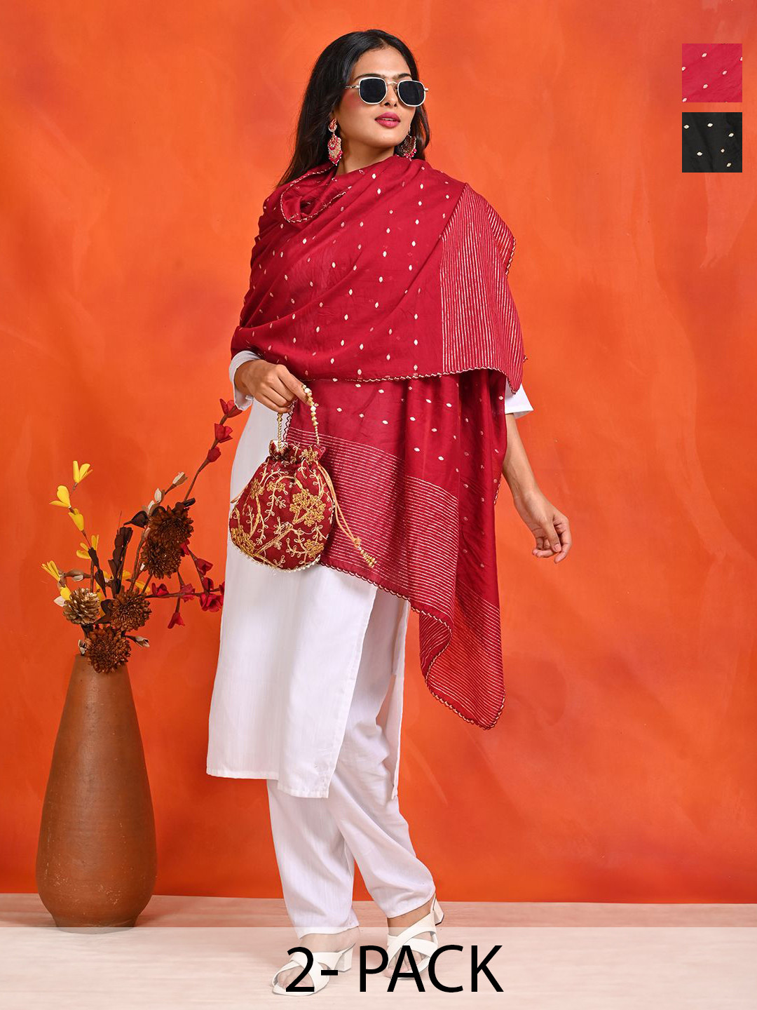 HELLA FASHIONS Selection Of 2 Geometric Woven Design Chanderi Dupattas