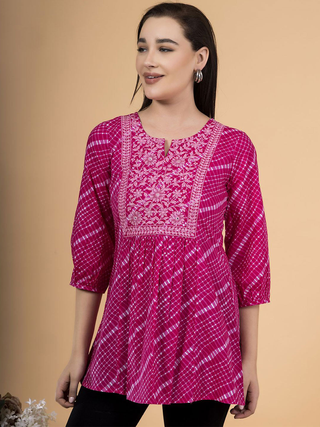 Saffron Threads Lehriya Printed Notch Neck Thread Work Pure Cotton Kurtis