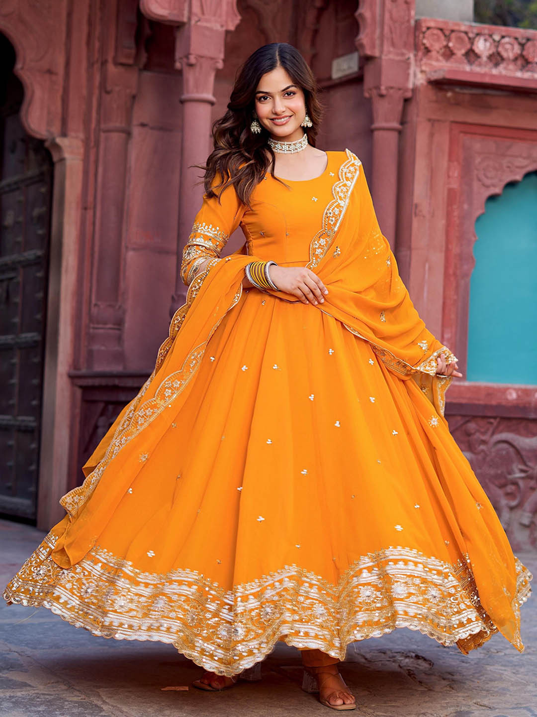 CANBIA Women Ethnic Motifs Embroidered Anarkali Kurta with Trousers & Dupatta