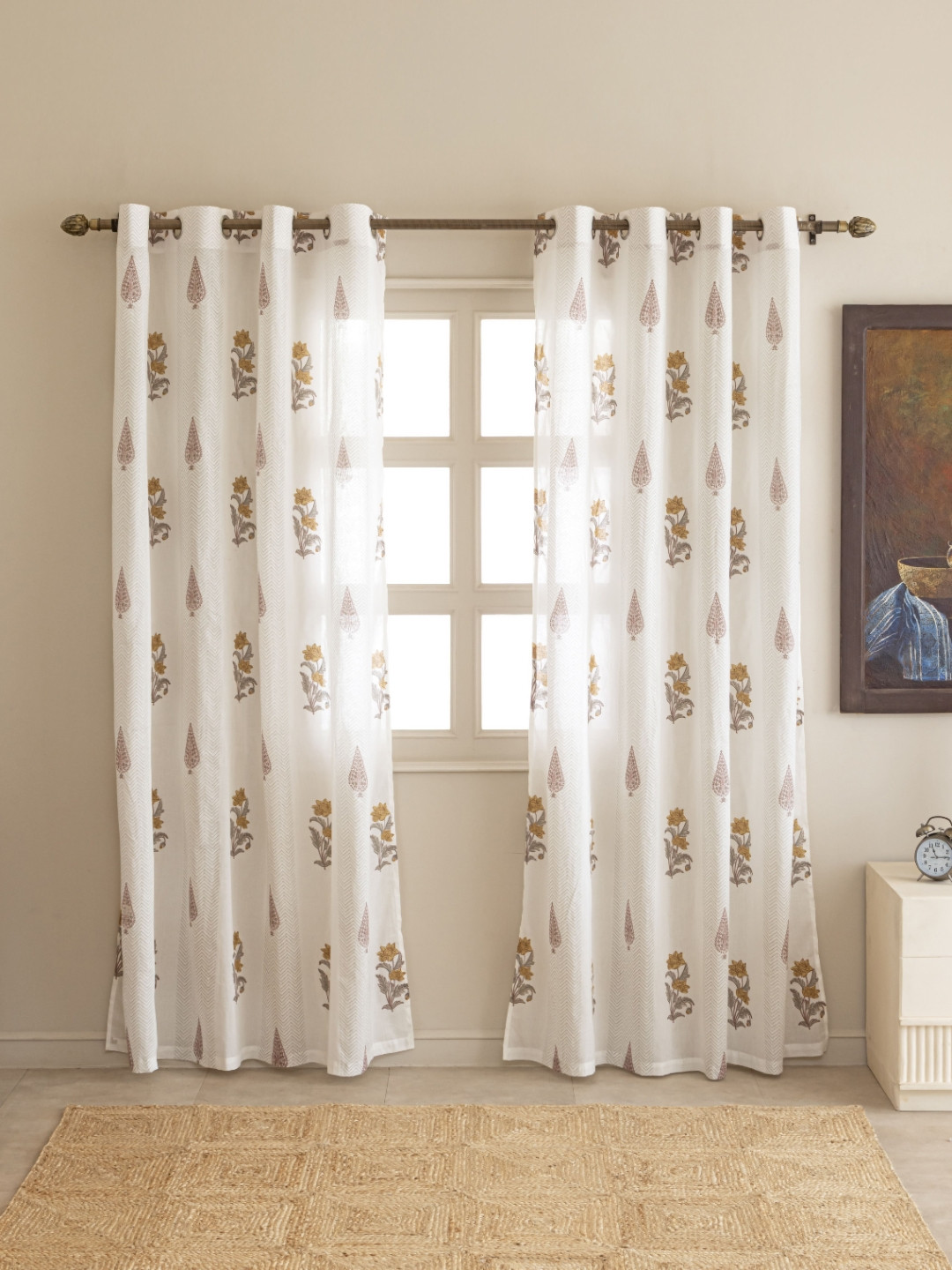 Clasiko Kalamkari Leaf White & Yellow 2 Pieces Printed Cotton Sheer Window Curtains