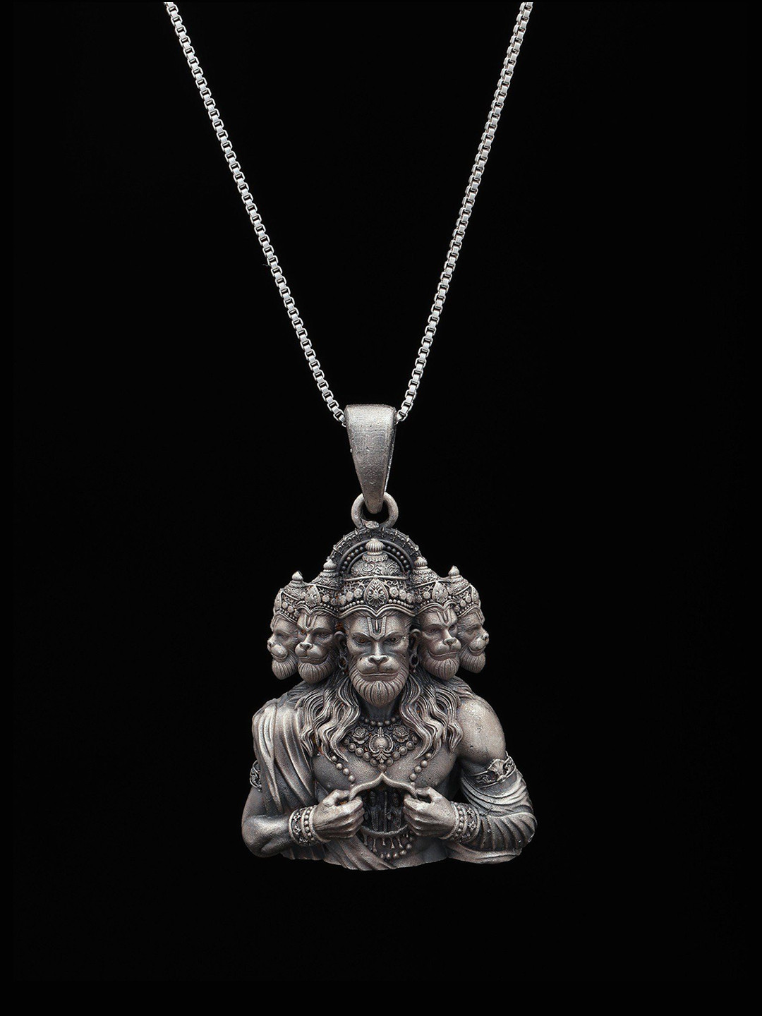 Exotic India Unisex Sterling Silver Panchmukhi Hanuman Antique Finish Pendant