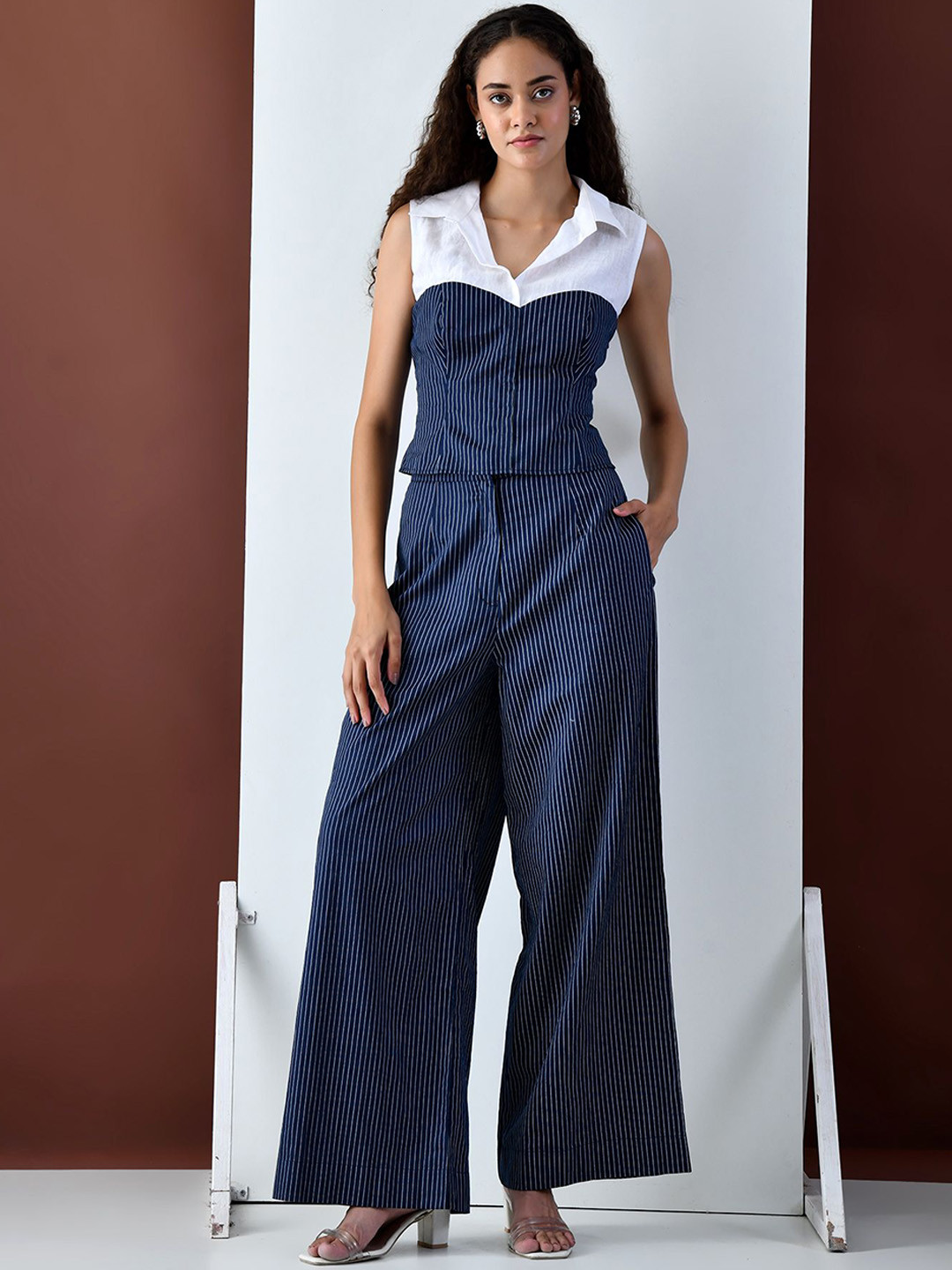 KELIN Striped Shirt Collar Neck Shirt With Trousers Co-Ords