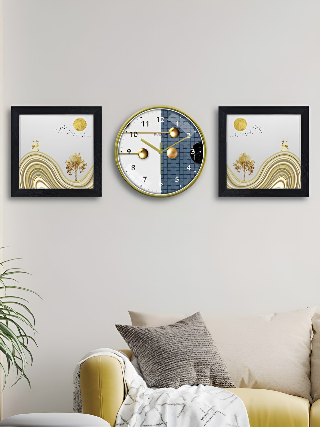 RANDOM 3 Pieces White & Green Abstract Printed Contemporary Wall Clock & Wall Arts