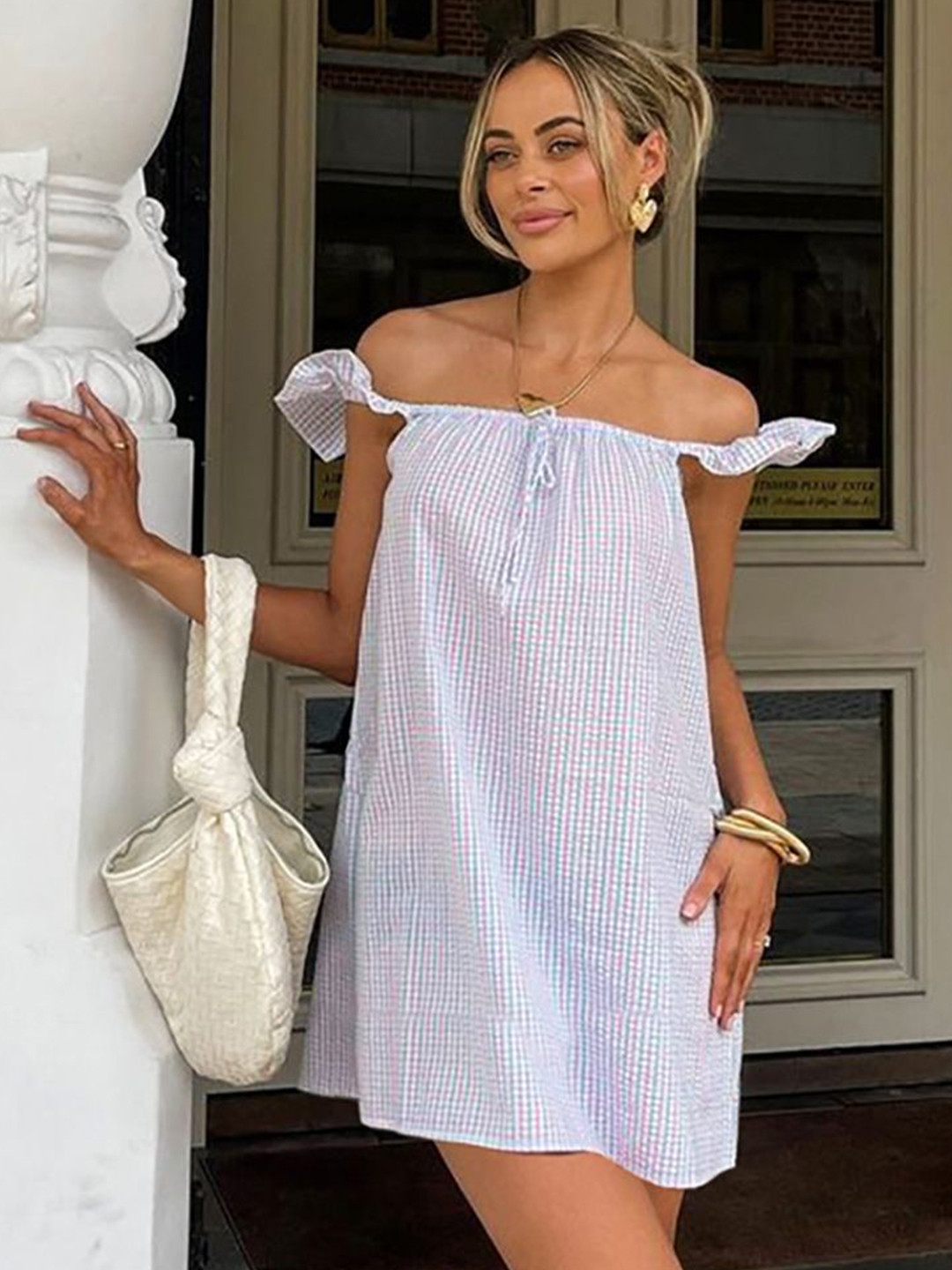StyleCast Off-Shoulder Checked Cotton Shift Mini Dress