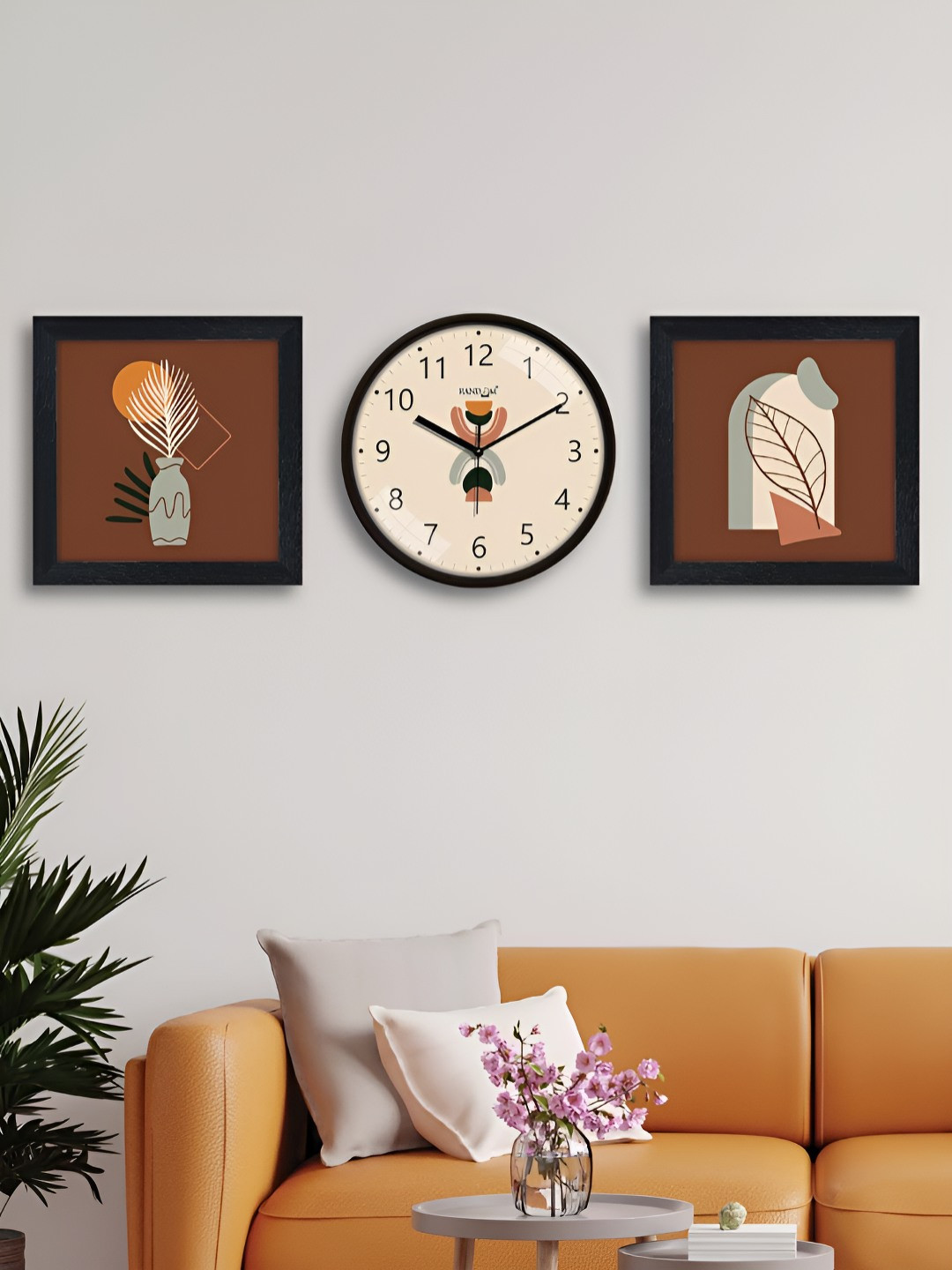 RANDOM Brown & Green 3 Pieces Printed Round Shape Analogue Wall Clock