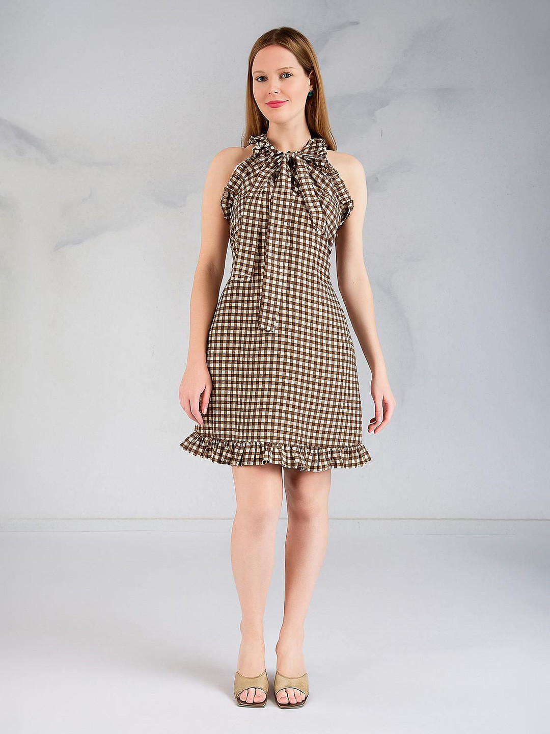 HOUSE OF MIRA Women Checked Print Ruffle Halter Neck Cotton Mini Dress