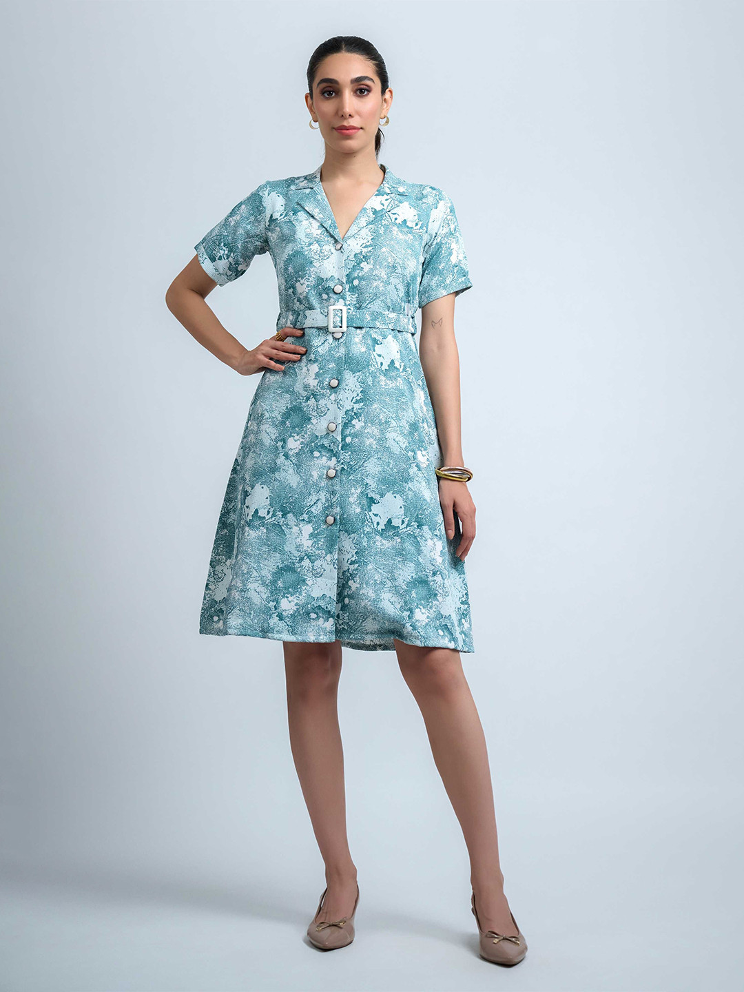 R.Code by The Roadster Life Co. Printed Wrinkle Satin  Notch Collar Shirt Dress