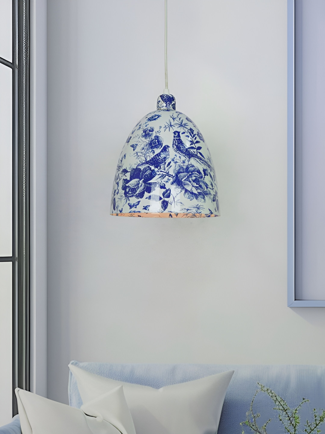 Fos Lighting Blue & White Pottery Bird Printed Bell Shaped Ceiling Lamp