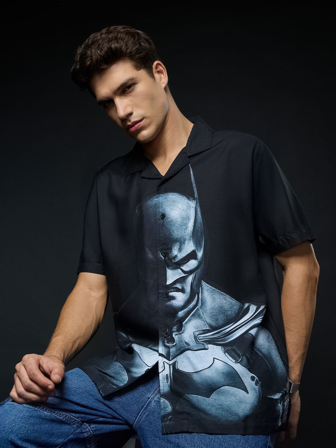 The Souled Store Men Relaxed Fit Superhero Printed Cuban Collar Casual Shirt