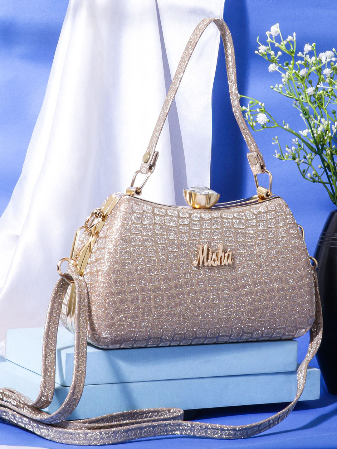 MISHA Blush Croco Textured Box Clutch