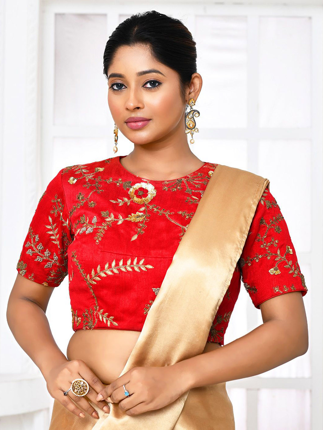 SPRISH Embroidered Boat-Neck Readymade Saree Blouse