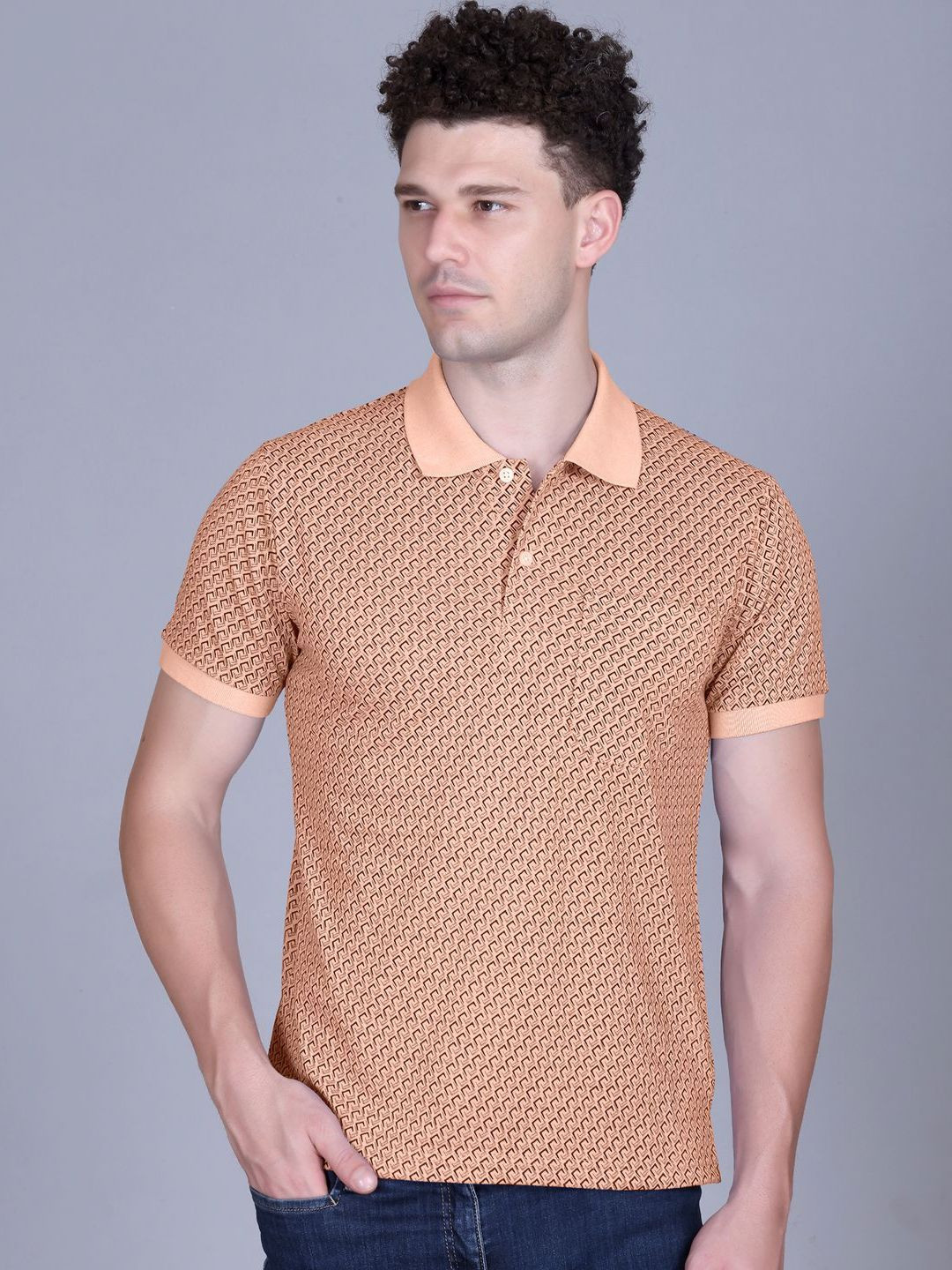 Peach Geometric Polo Collar T-shirt for Men