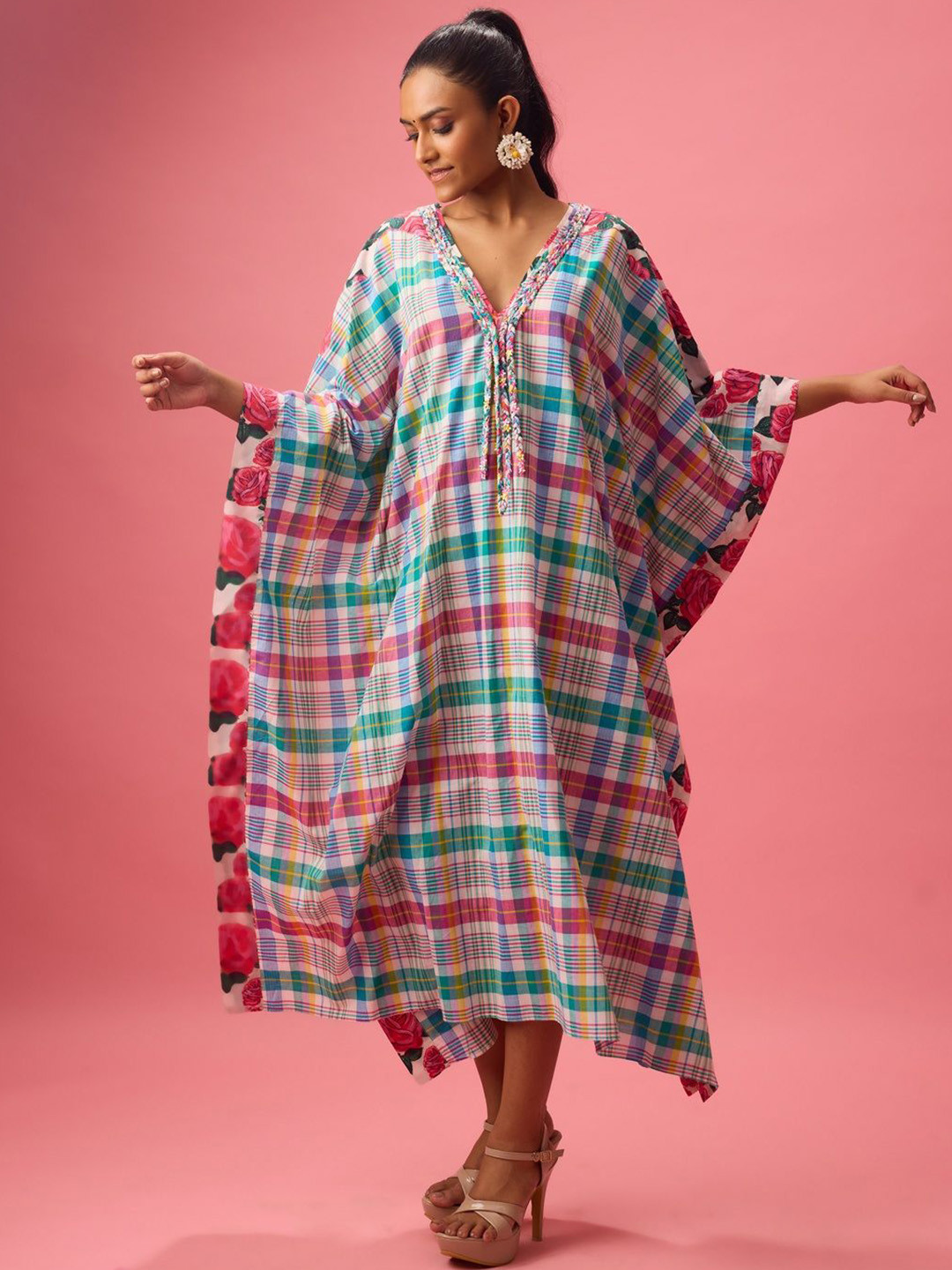 Nikasha Checked Kimono Sleeves Pure Cotton Kaftan Midi Dress with Floral Print Border