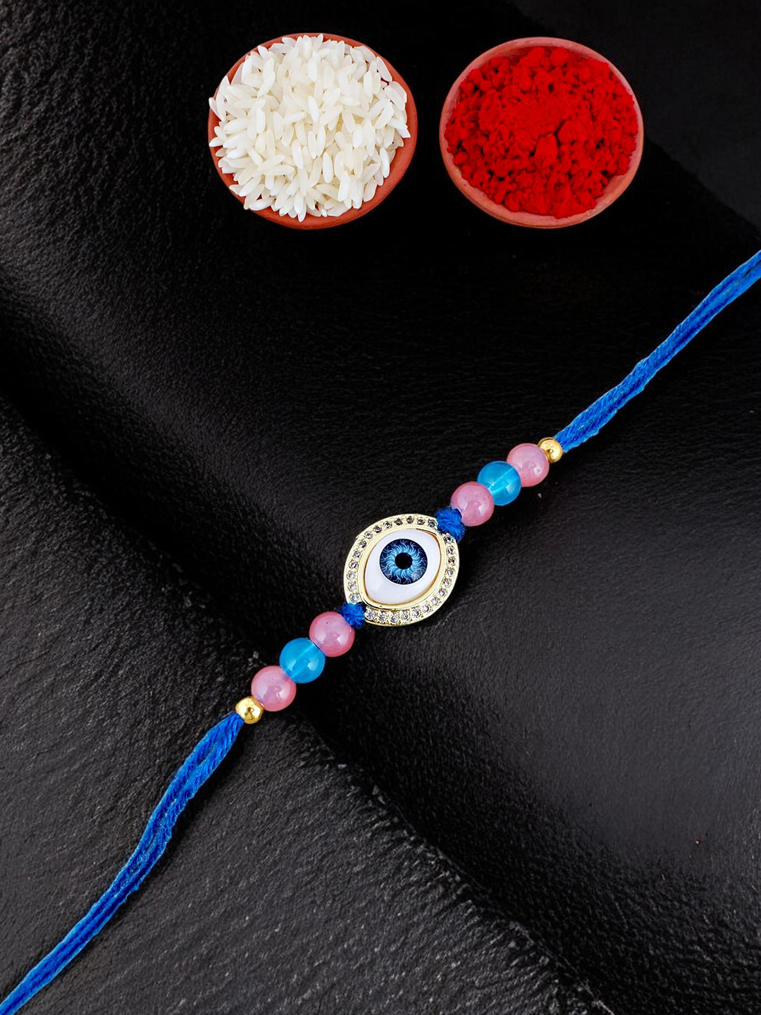 LUCKY JEWELLERY 3-Pcs Rakhi Gift Set With Roli Chawal & Greeting Card