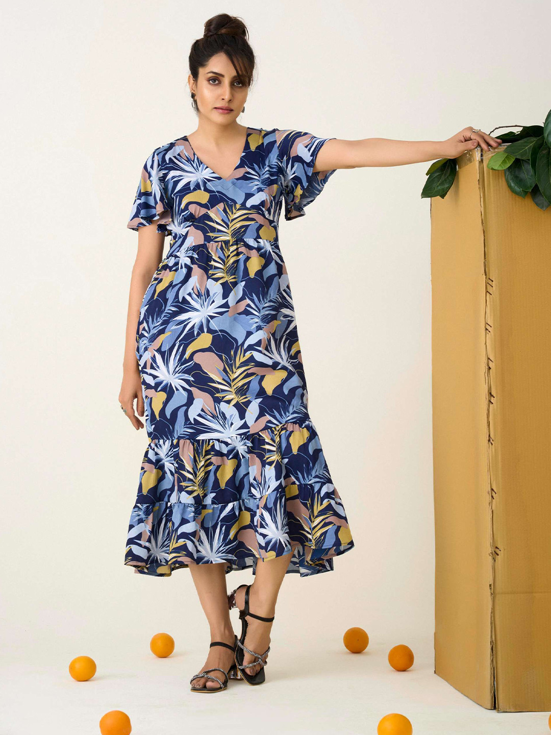 R.Code by The Roadster Life Co. Women Tropical Printed Tiered Fit and Flare Midi Dress
