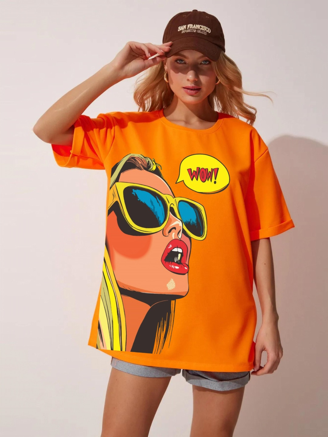 RAYACLOSET Graphic Printed Round Neck Drop Shoulder Cotton Oversized T-shirt