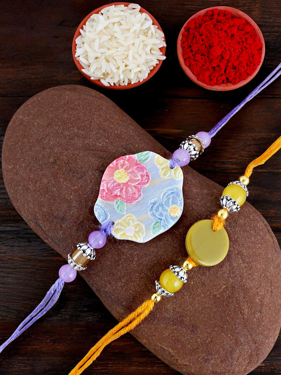 LUCKY JEWELLERY Set Of 2 Floral Design Beaded Rakhi With Greeting Card