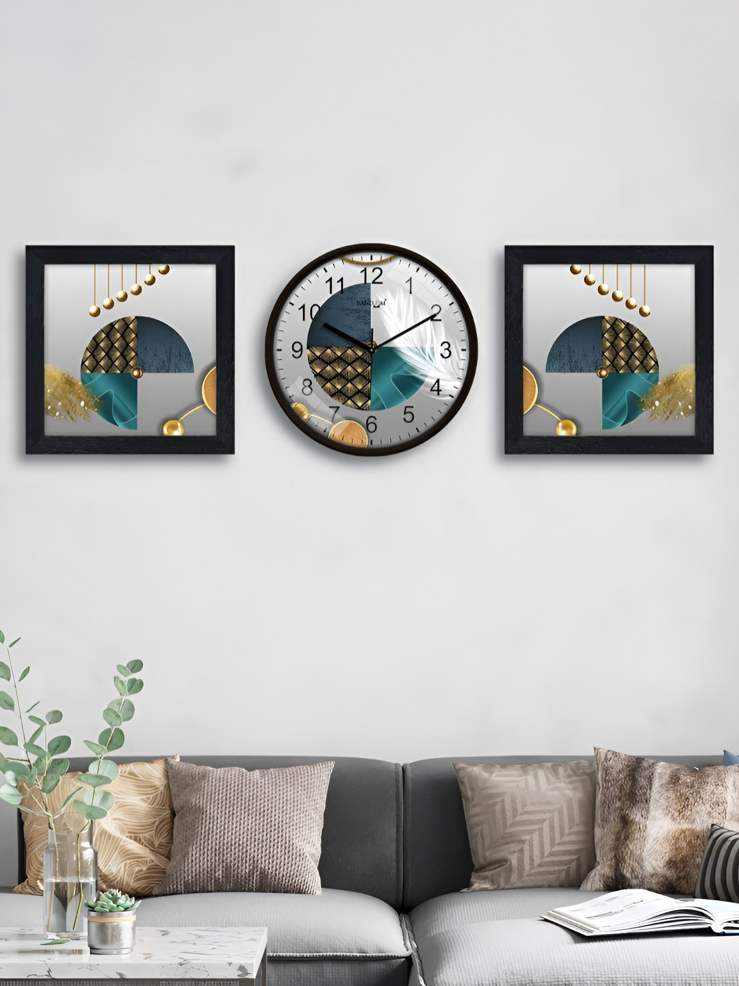 RANDOM White & Teal 3 Pieces Printed Contemporary Wall Clock & Wall Art
