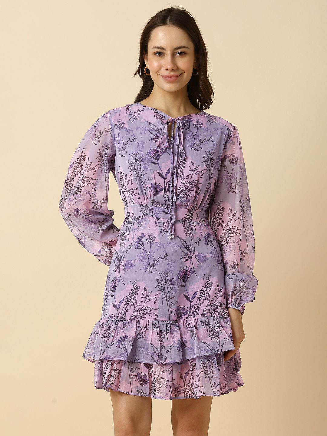 Allen Solly Woman Women Floral Print Tie-Up Neck Fit & Flare Dress