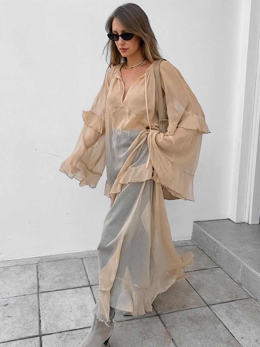 StyleCast Flared Sleeves Ruffle Detail Maxi Dress