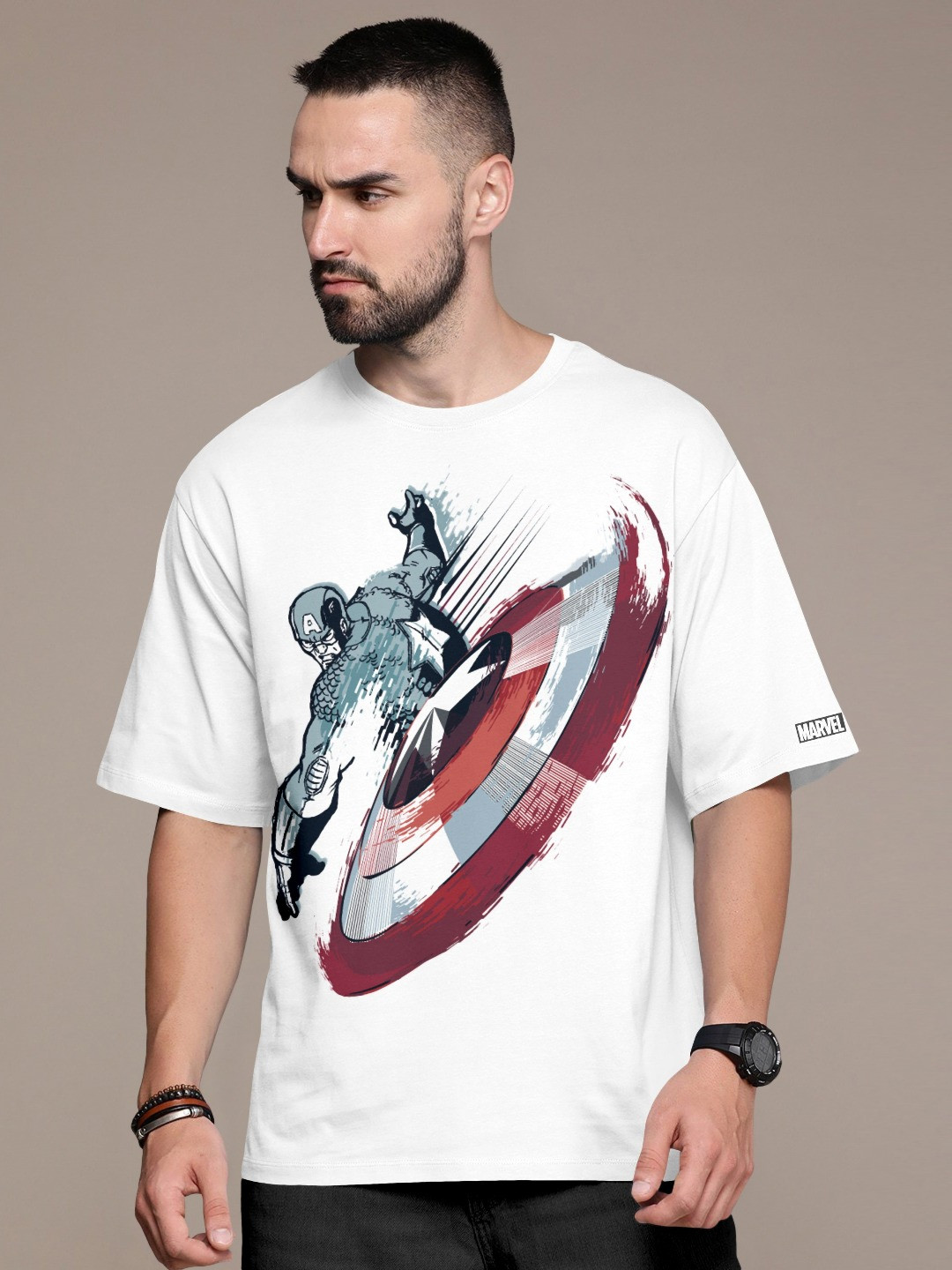 Metronaut Captain America Printed Round Neck Drop Shoulder Pure Cotton Oversized T-shirt