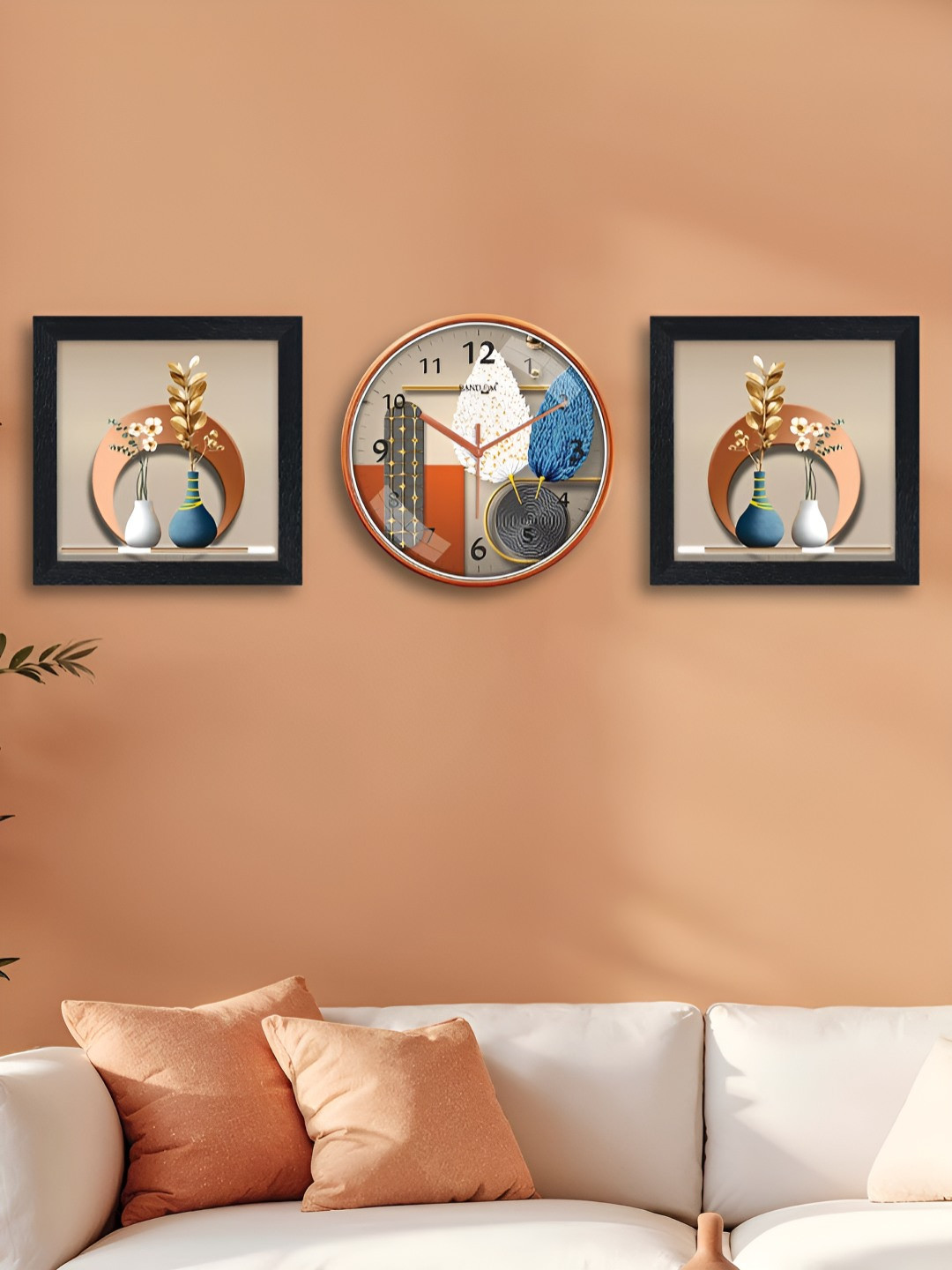 RANDOM Rust & Blue 3 Pieces Printed Contemporary Wall Clock & Wall Art