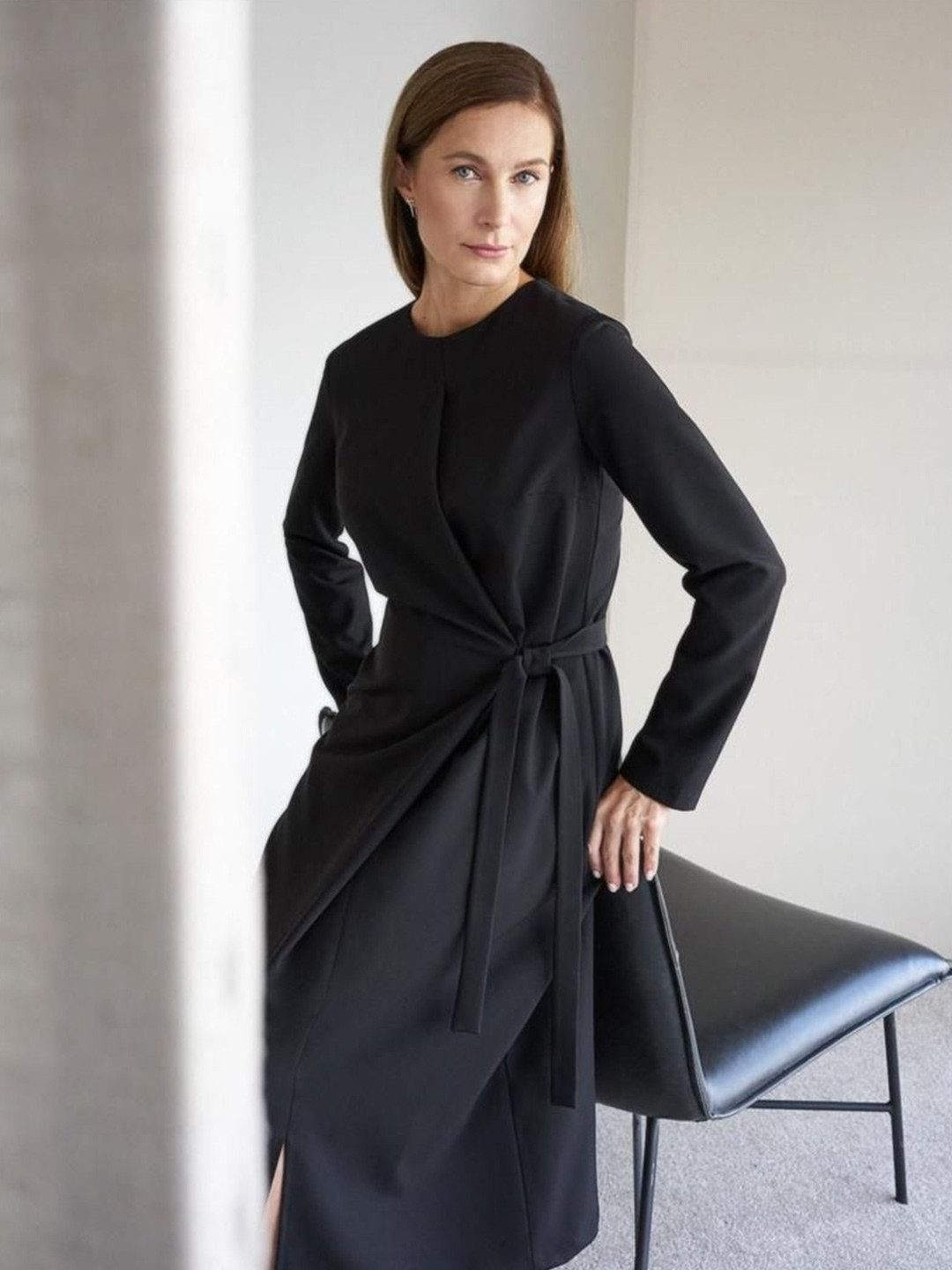 StyleCast Women Tie-Waist Long Sleeve Fit and Flare Midi Dress