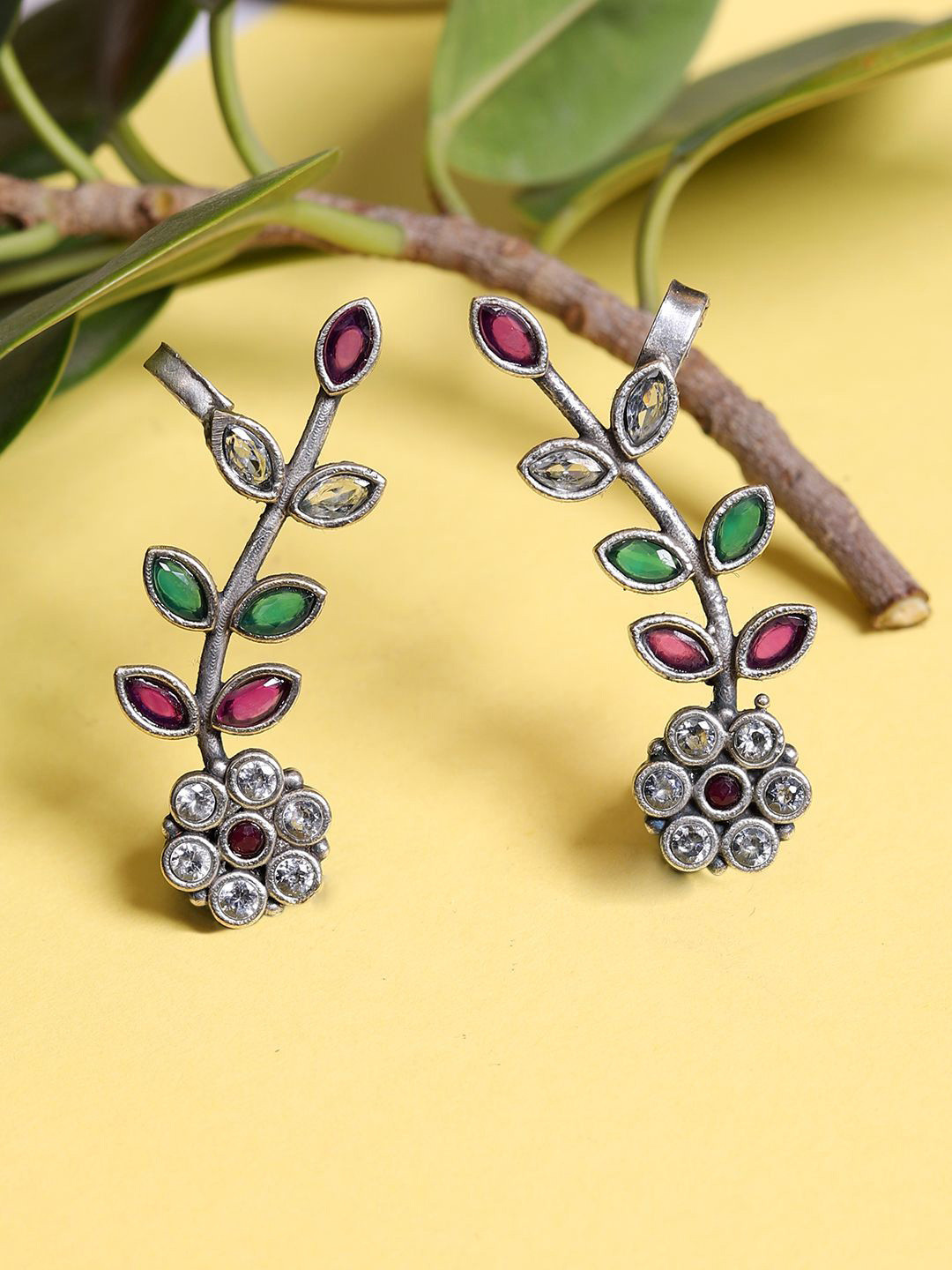 FIROZA Gulrez Artificial Stones Studded FLoral Shaped Oxidised Ear Cuffs